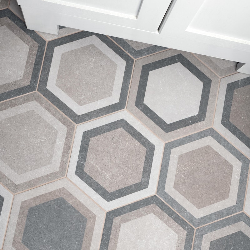 Merola Tile Traffic Hex Combi Grey 8-5/8" x 9-7/8" Porcelain Floor and Wall Tile