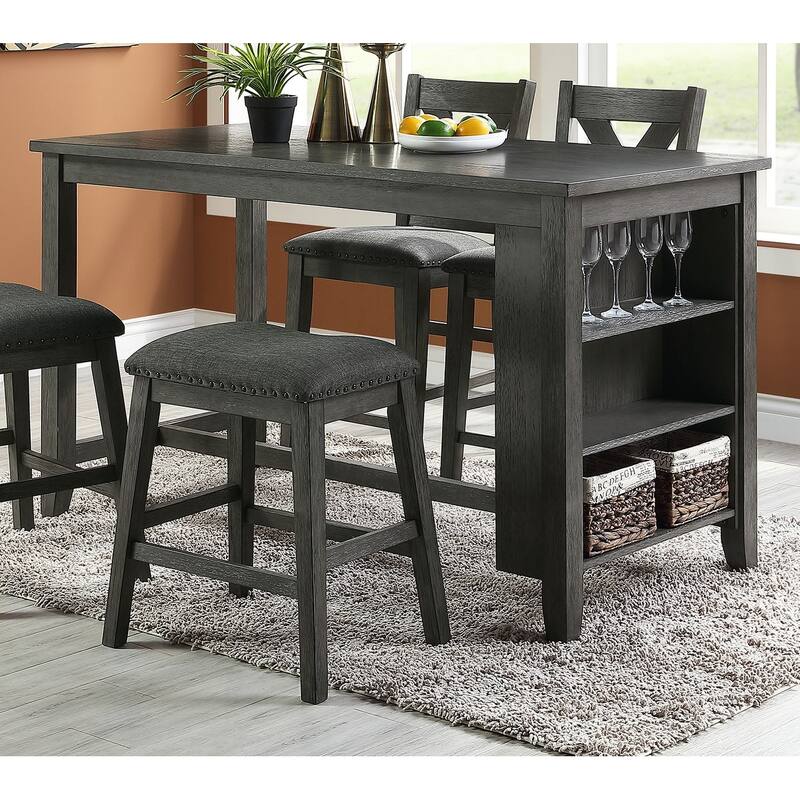 Modern Gray Finish 5pc Counter Height High Dining Table w Storage Shelves High Chairs And Stools Wooden Kitchen Breakfas