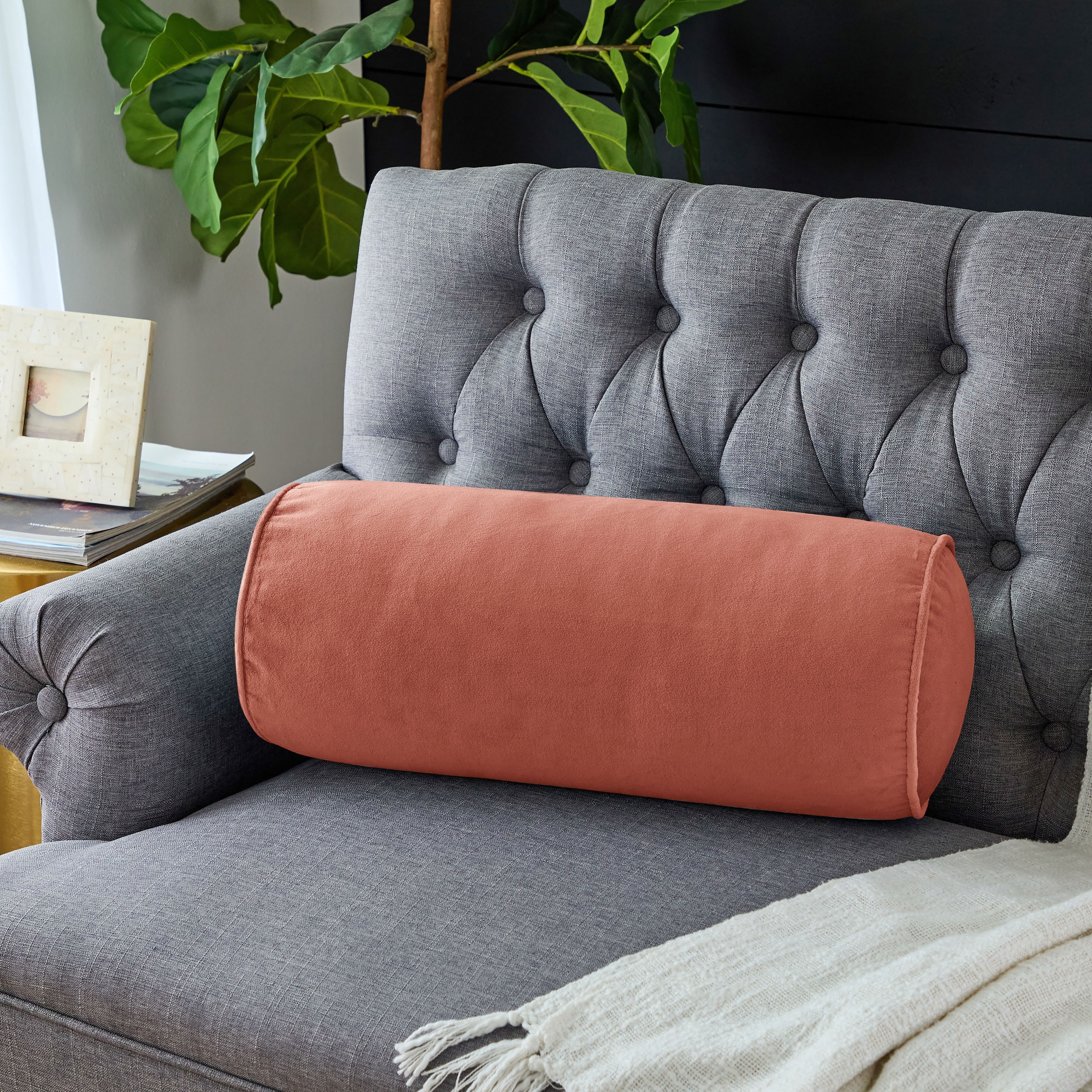 Sorra Home Solid Velvet Indoor Corded Bolster Pillow Single