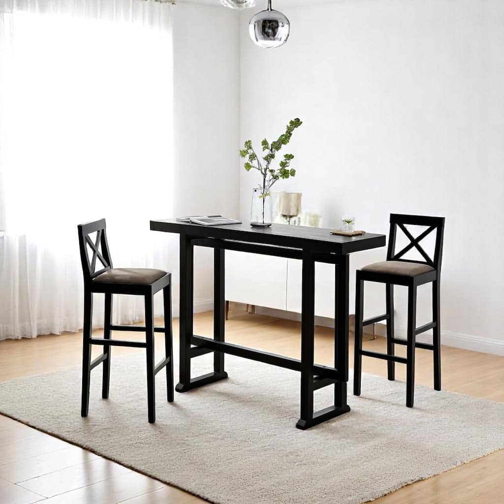 3-Piece High Top Bar Table and Chair Set, Solid Wood Frame Pub Table for Dining Room, Kitchen, 74" Rectangular Design