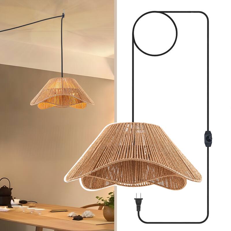 FTL Rattan Plug in Pendant Light for Ceiling Farmhouse Boho Woven - 19.7 inch
