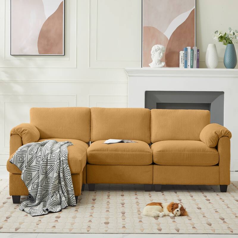 Multi-Seater Corduroy Sectional Sofa, Modular Settee, Included Removable Ottomans