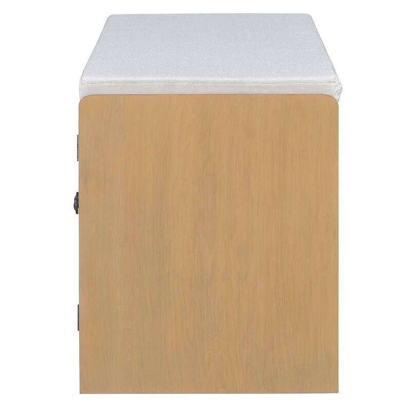 Rustic Storage Bench with Removable Cushion, Woven Rattan Doors & Adjustable Shelves