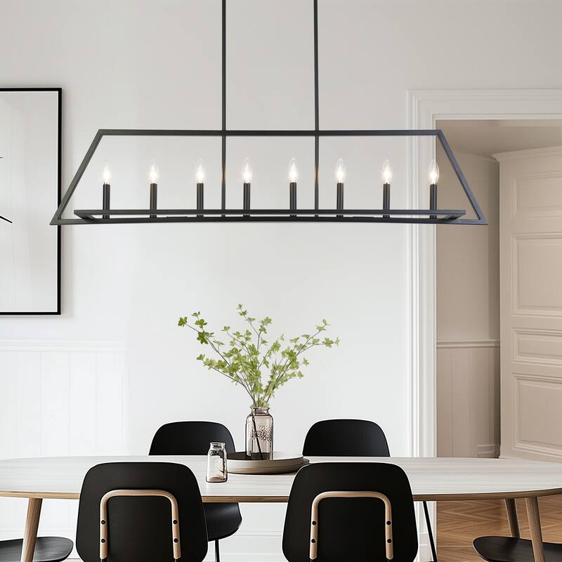 55.1 IN Modern Black Metal 8-Light Linear Geometric Chandelier Kitchen Island Farmhouse Lighting - L55.1" x W7.9" x H11.6"
