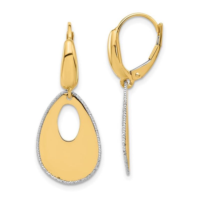 Curata 14k Two Tone Gold Polished and Diamond cut Teardrop Dangle Leverback Earrings -