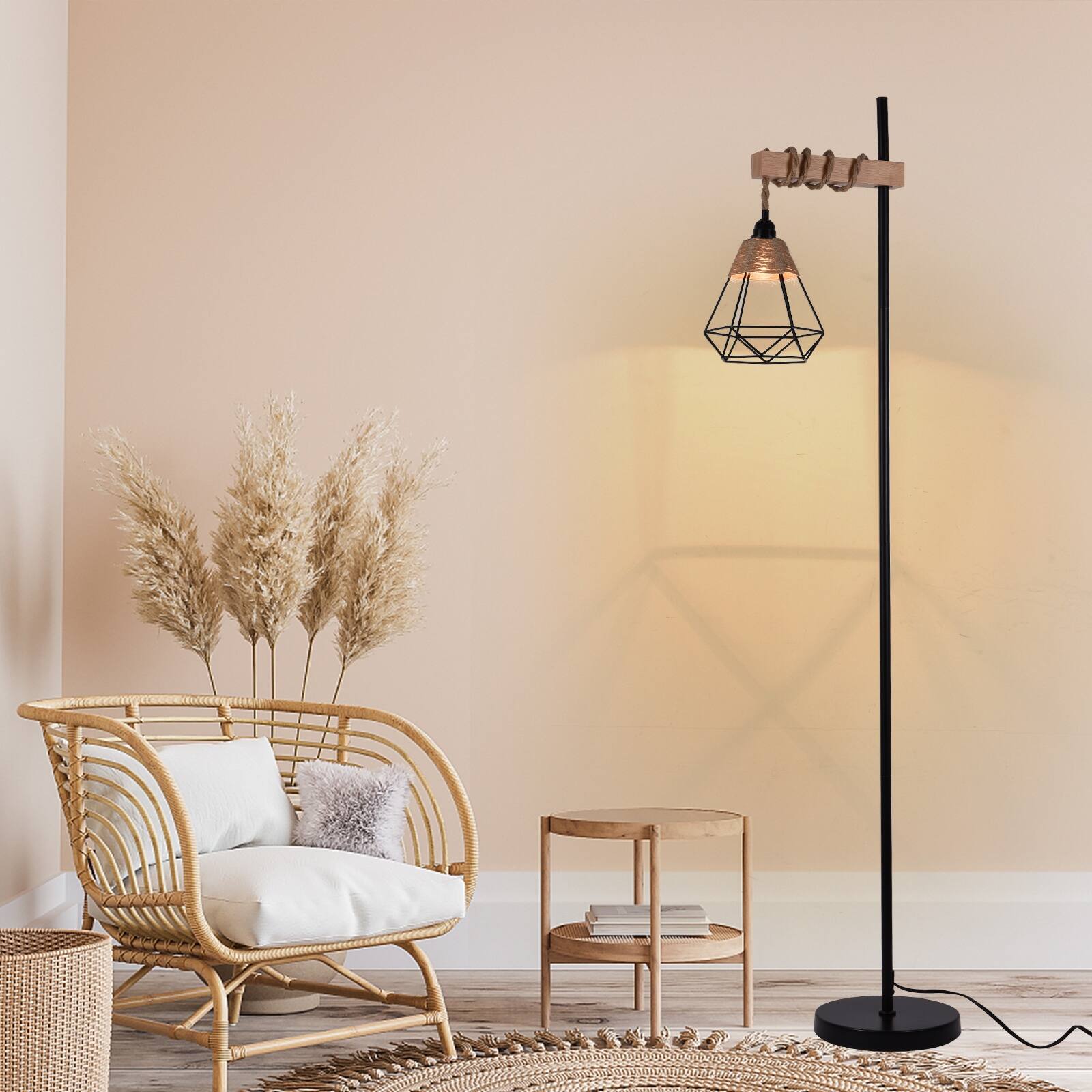 63'' Smart Tall Standing Lamp with Rattan Lampshade Floor Lamps - On ...
