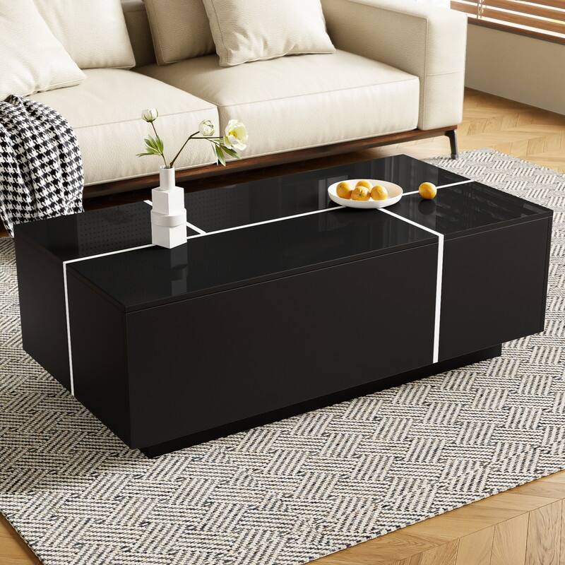 47.2''-72.7'' Extendable Coffee Table, Multi-Functional Coffee Table with High-Gloss Finish - Black