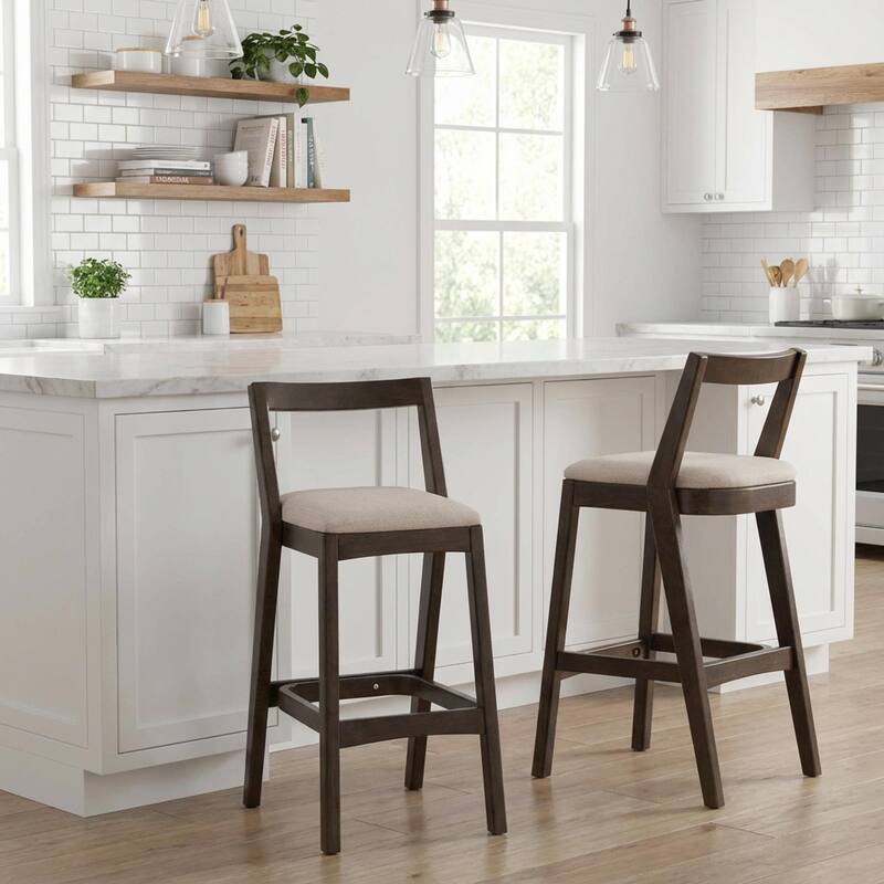 Roomfitters Jasper Indoor Rubberwood Barstools with Cushioned Seat, Beige Set of 2 - Set of 2