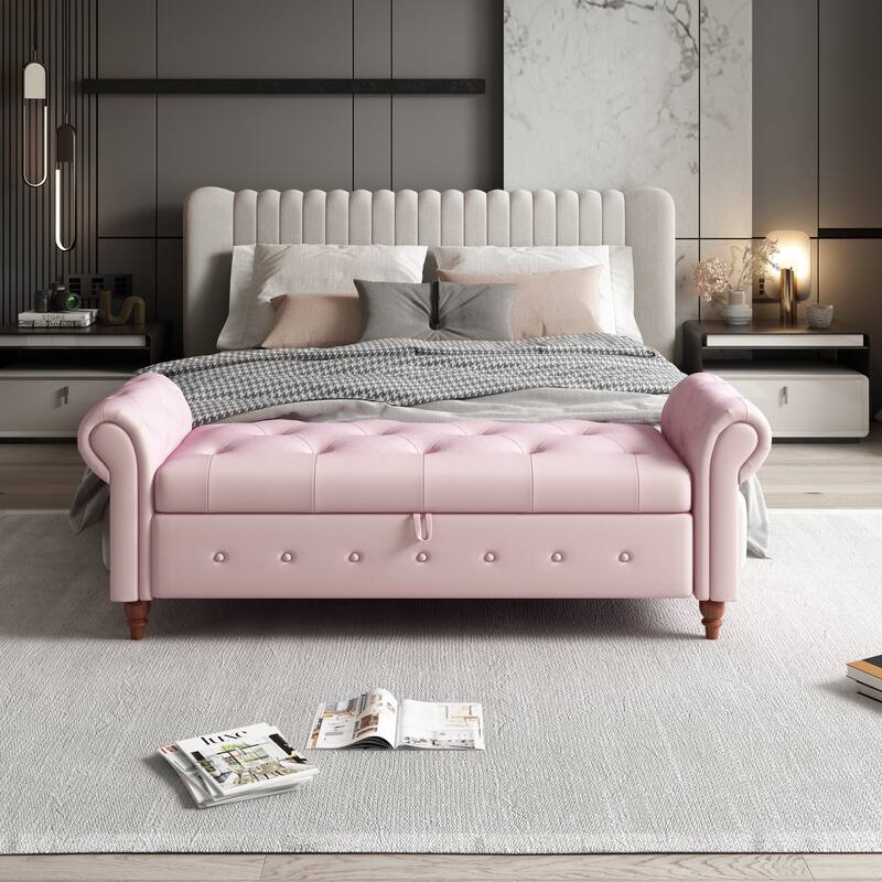 63" Fabric Bed Bench With Storage - Pink