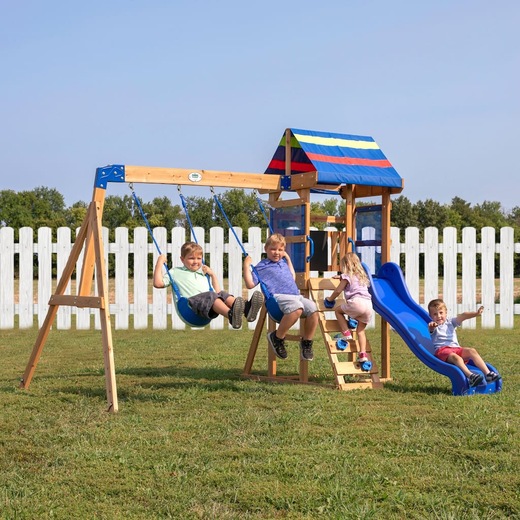 Backyard Discovery Bay Pointe Cedar Wood Swing Set, Slide, Play Deck - 10'3" x 8'11"