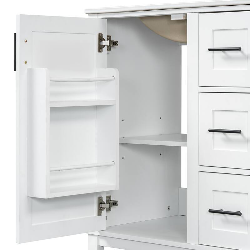 GDFStudio - Tim 30" Modern Bathroom Vanity with Ceramic Sink - Rubberwood Frame, 3 Drawers & Double-Rack Door, Soft-Close