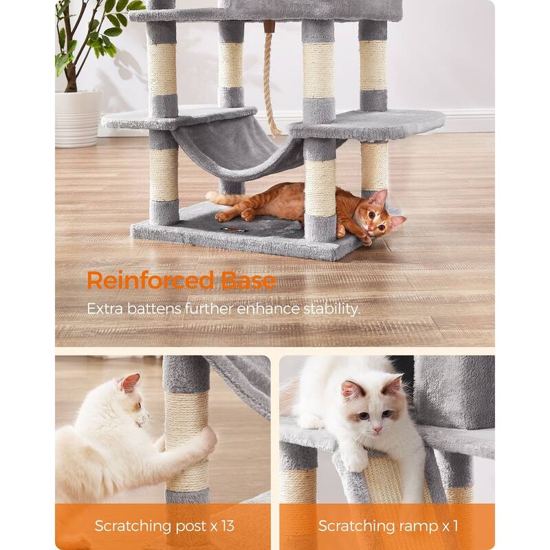 Cat Tree, 66.1-Inch Large Cat Tower with 13 Scratching Posts, 2 Perches, 2 Caves, Basket, Hammock, Pompoms