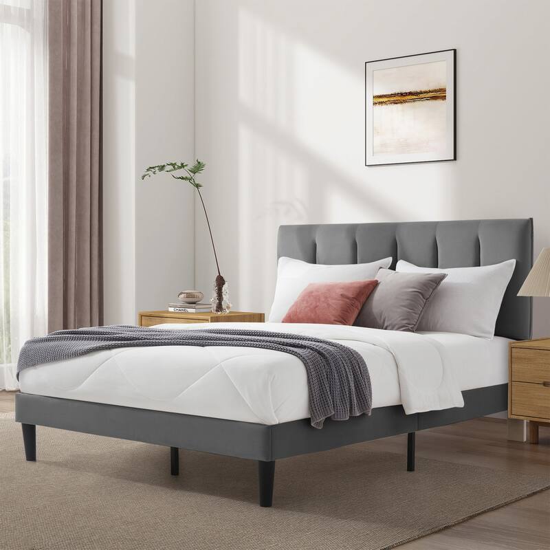 Upholstered Platform Bed Frame with Vertical Stripe Headboard