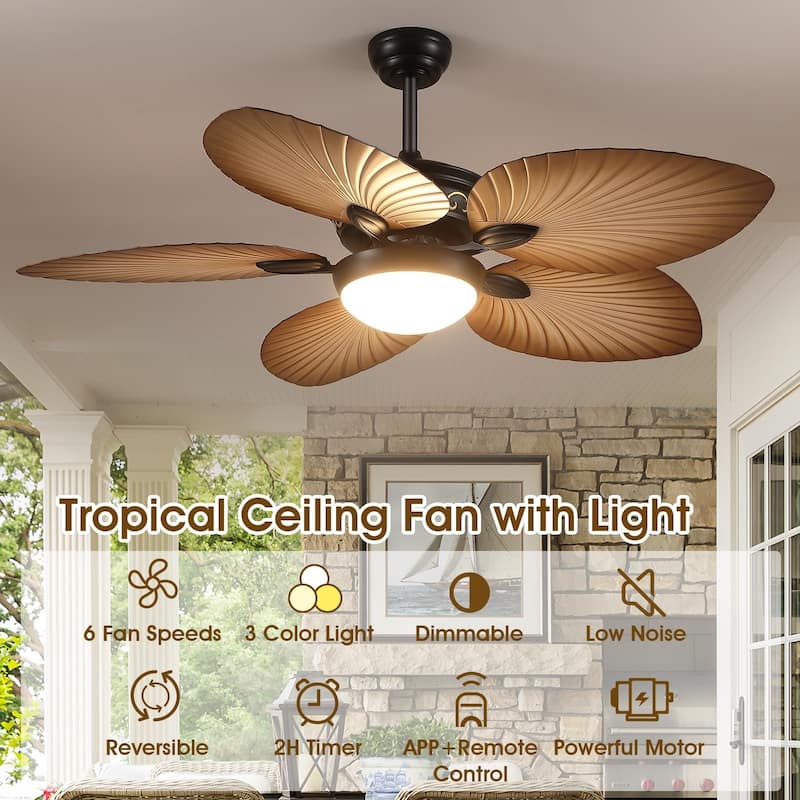 44"/52" Palm Leaf Tropical Ceiling Fan with Light,Indoor and Outdoor Ceiling Fan,Waterproof