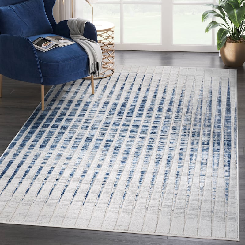 Abani Atlas Collection ATL120A Vertical Lines Blue Grey Area Rug
