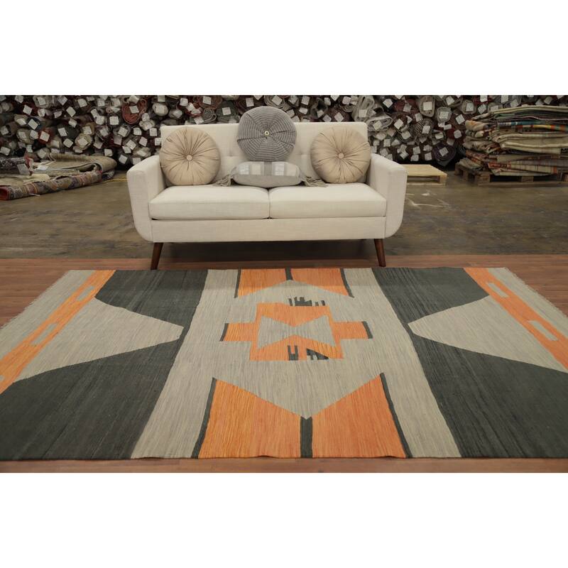 Hand Woven Oriental 100% Wool Carpet Southwestern Modern Greys & Charcoal Kilim Area Rug - 8' 10'' X 5' 7''