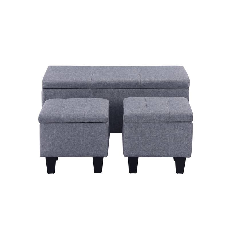 3 in 1 Large Upholstered Fabric Storage Ottoman Bench Set, Gray
