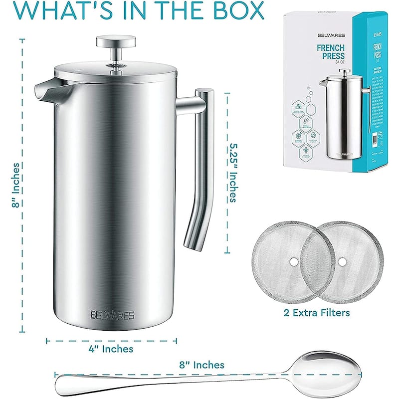 French Press Coffee Maker – Insulated Coffee Press Stainless Steel 304 – Coffee Spoon, Double Wall, & 4 Level Filtration System