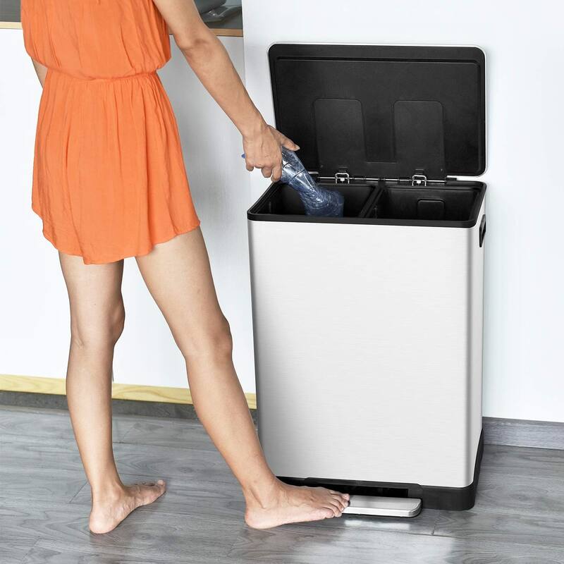 Stainless Steel Step Trash Can - 16 Gallon Garbage Bin with Soft Close Lid - Dual Compartment Recycling Wastebasket