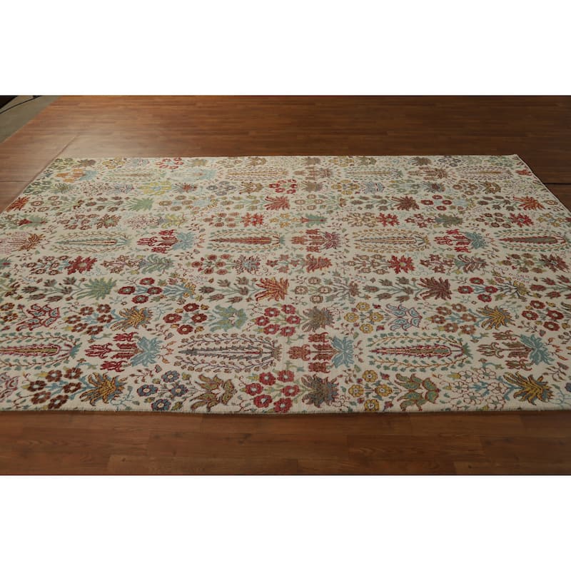 Hand Knotted Oriental 100% Wool Carpet Traditional All-Over Beige & Ivories Ziegler Area Rug - 9' 10'' X 6' 6''
