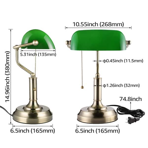 Traditional Bankers Lamp Large In Raw Brass Finish With Green Glass Shade