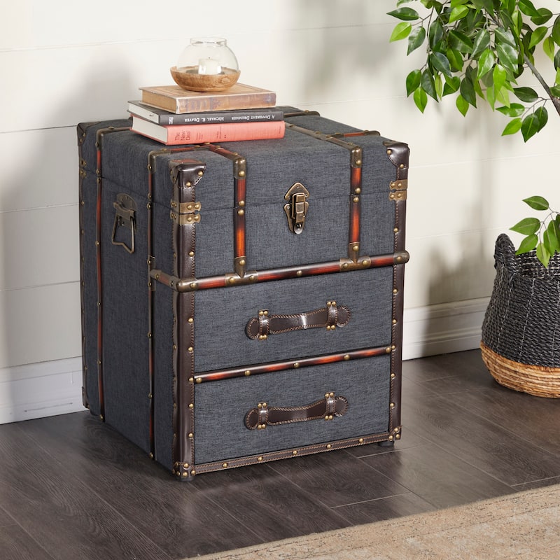 Faux Leather Vintage 2 Drawer Accent Table with Buckle Hinged Top - Dark Brown - Roche River Decor