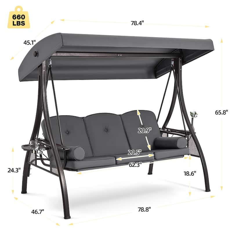 3-Seat Patio Swing with Adjustable Canopy, 750lbs Heavy Duty, Convertible Outdoor Bed, All-Weather, Cup Holders & Thick Cushions