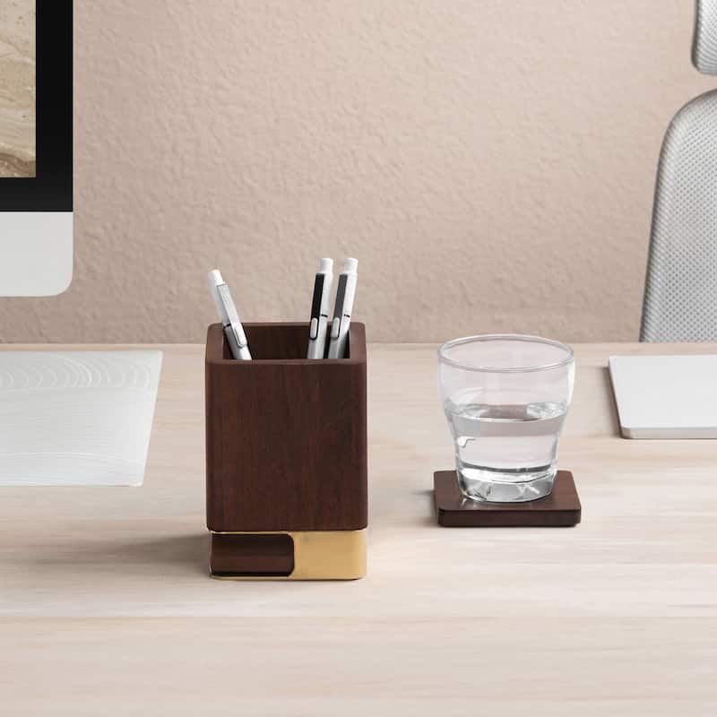 Jani Wooden Pen Cup Holder with 2 Coasters - Stained Mango Wood & Powder-Coated Metal Organizer for Home, Office & Living Spaces - Walnut/Gold