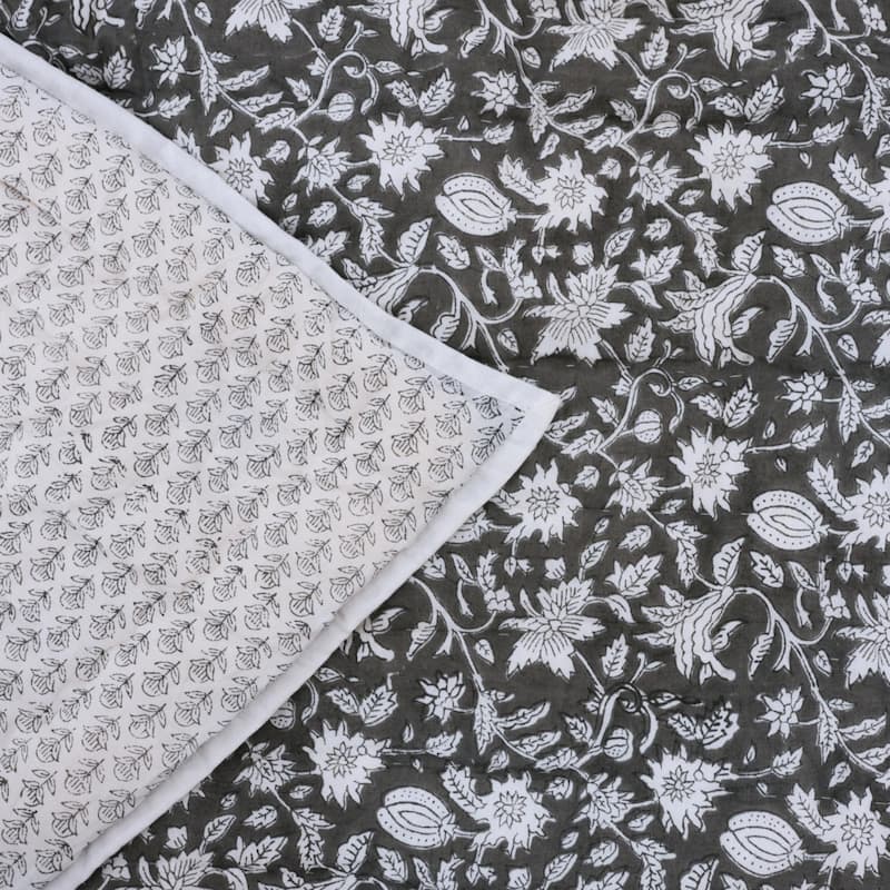 Fabdivine Handmade Block Print Reversible Black Quilt Floral Soft or Breathable Fabric