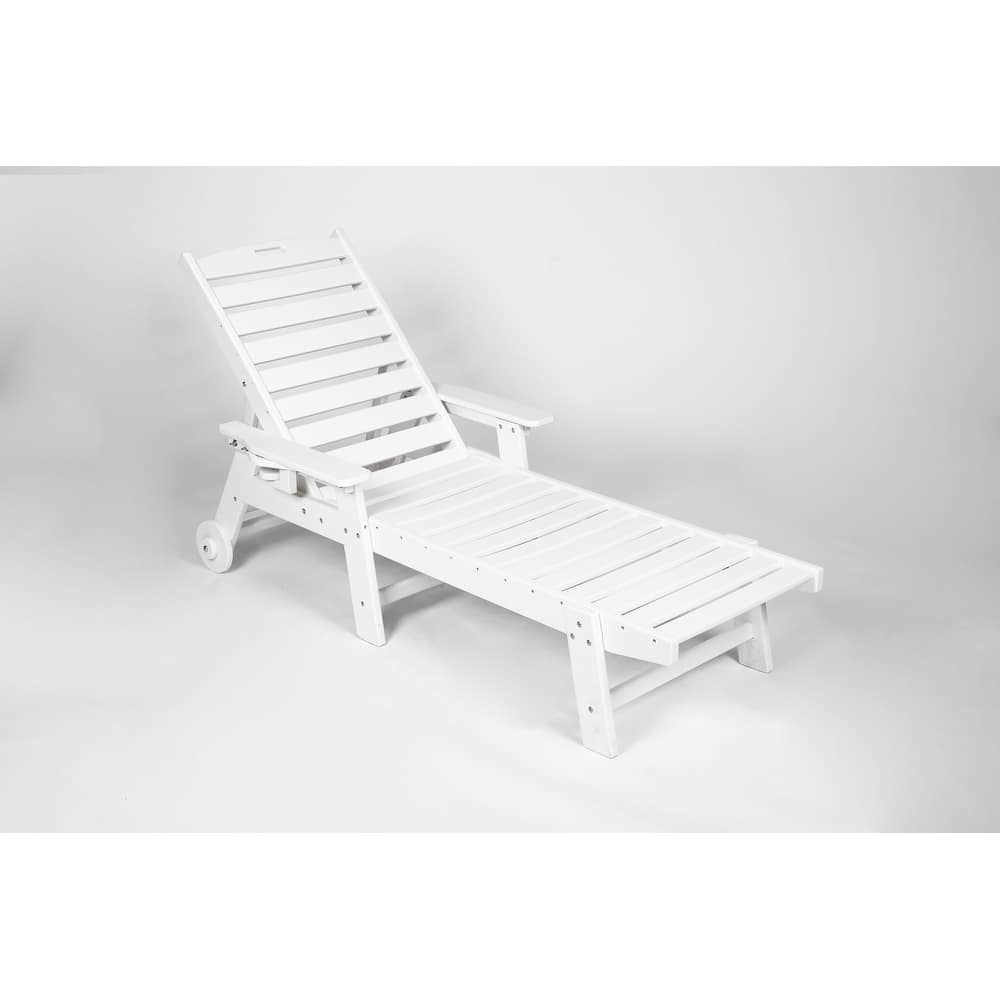 Wood Chaise Lounge Chair with Wheels, Patio Reclining Chair with 5-Level Backrest Adjustment & Cup Holder