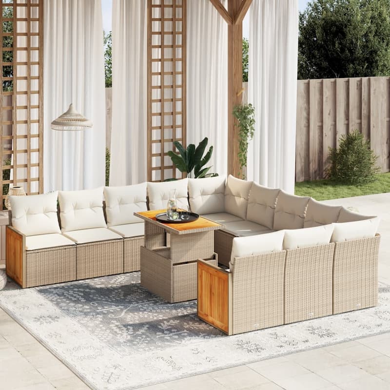 vidaXL Patio Sofa Set with Cushions Outdoor Furniture 11 Piece Poly Rattan - 21.7 x 39.4 x 28.7 in - Beige and cream