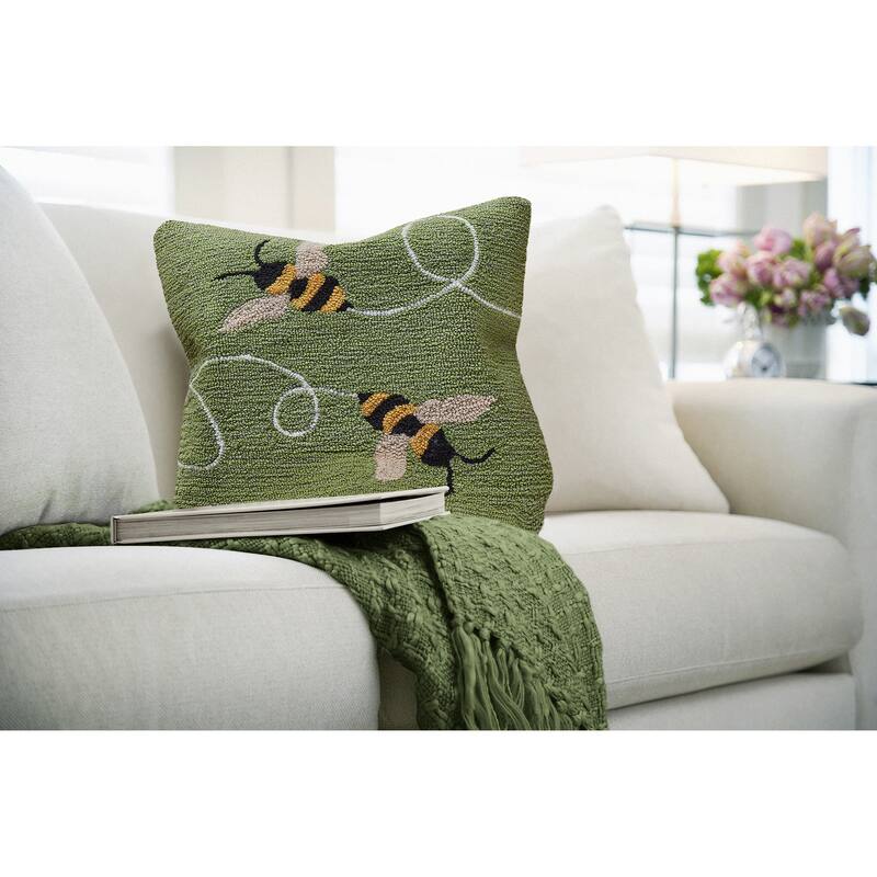 Liora Manne Frontporch Buzzy Bees Indoor/Outdoor Pillow Green 18" Square