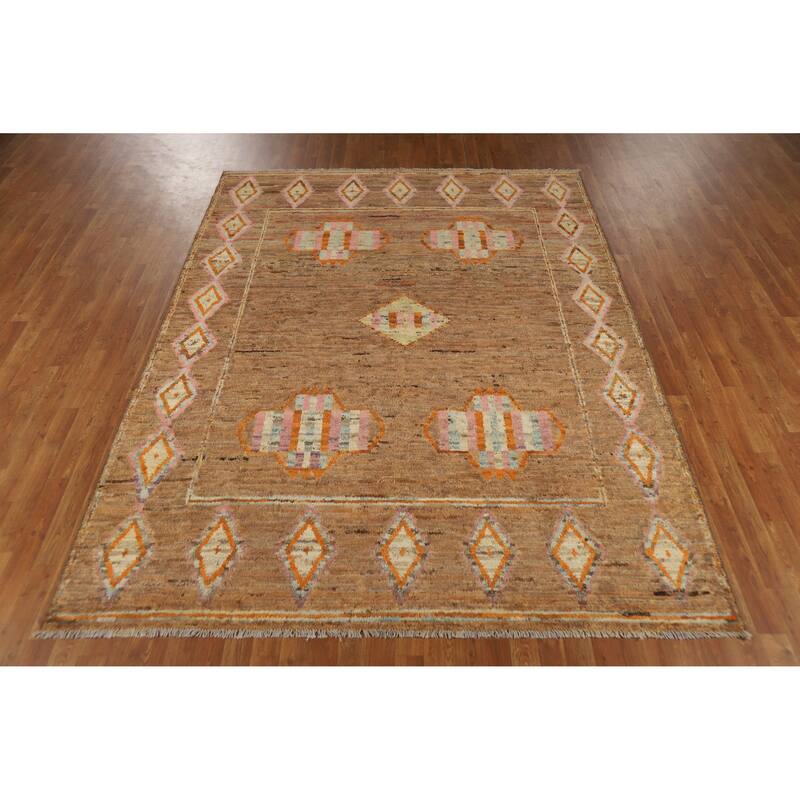 Moroccan Oriental Area Rug Hand-Knotted Brown Modern Wool Carpet - 7'0" x 9'6"