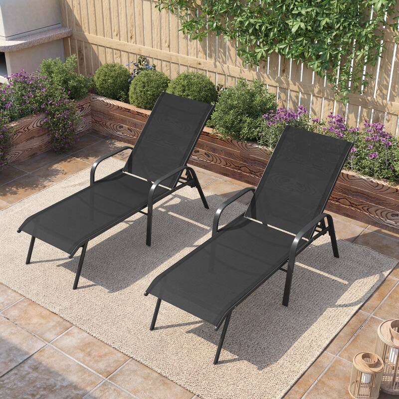 Pellebant Outdoor Adjustable Patio Chaise Lounge Chairs with Armrest Set of 2 - Black