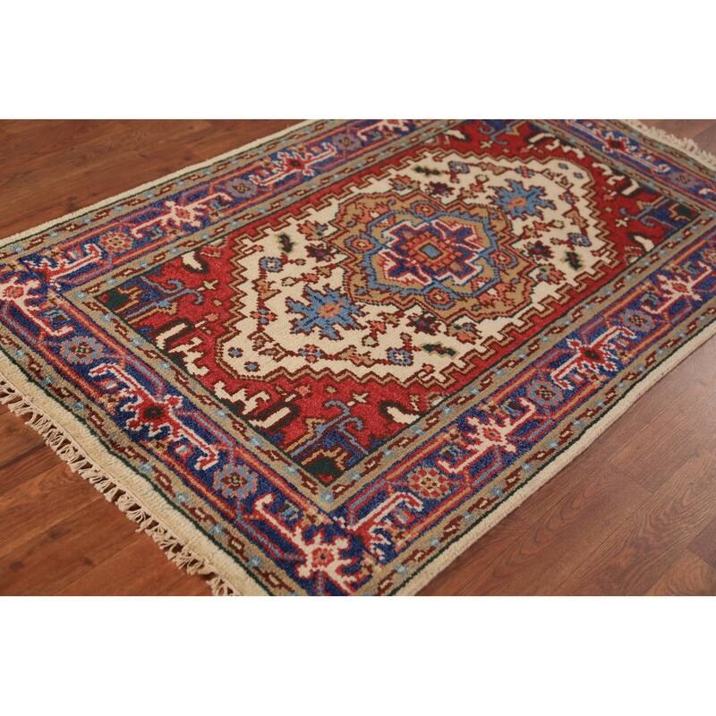 Geometric Heriz Serapi Indian Foyer Rug Handmade Wool Carpet - 3'0"x 4'11"