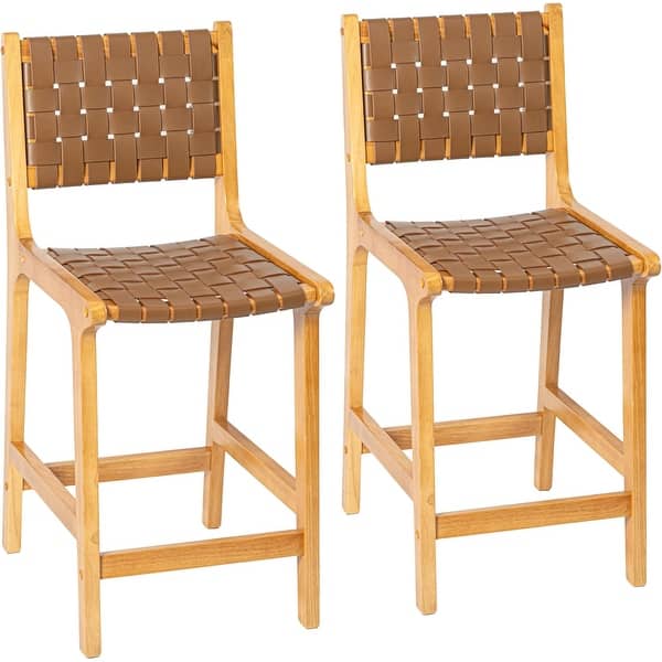 24" Seat Height Woven Strips Bar Stools, Faux Leather Counter Stools with Wooden Frame， Set of 2, Teak+Brown