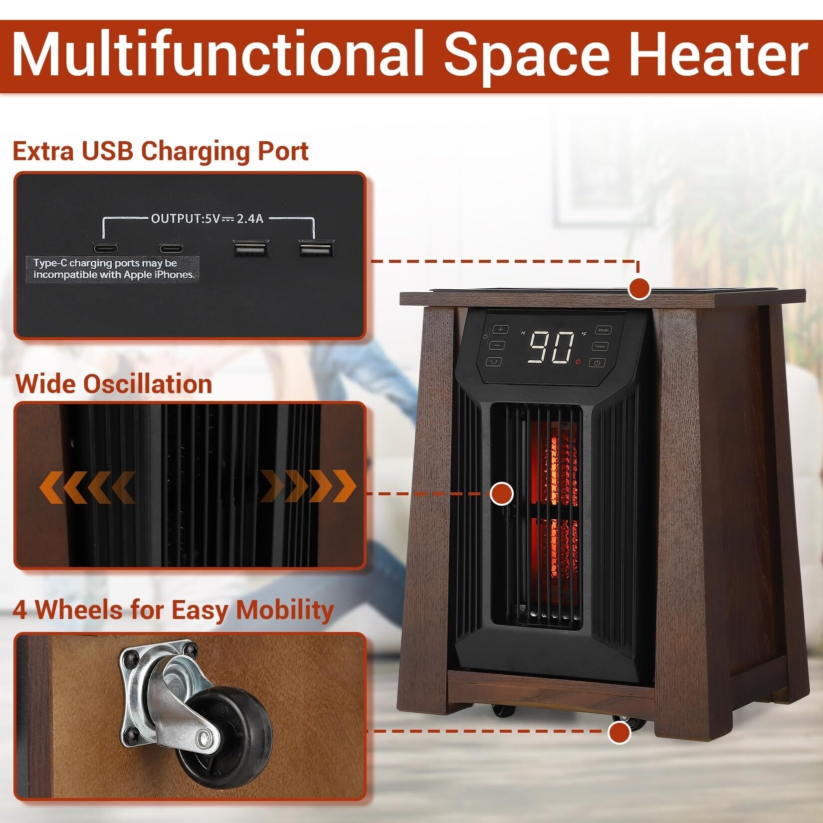 Infrared Quartz Space Heater, 1500W Electric Room Heaters for