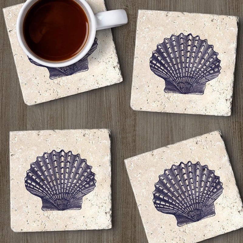 Scallop Shell 4 Pack Natural Travertine Absorbent Stone Coasters with Protective Cork Backing Manufactured in The USA