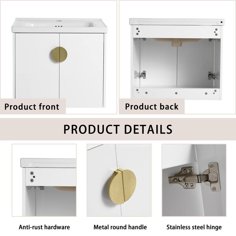 Wall-Mounted Bathroom Vanity with Ceramic Basin, Soft-Close Doors, and Customizable Metal Handles