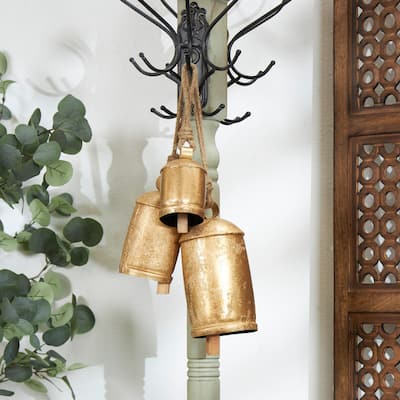 Gold, Gray, Bronze, Black or Red Metal Tibetan Inspired Decorative Cow Bells with Jute Hanging Rope (Set of 3)