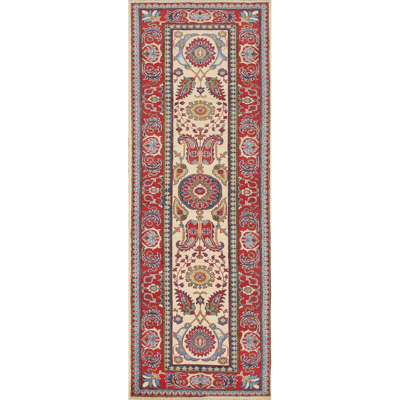 Beige Floral Kazak Oriental Runner Rug Hand-Knotted Wool Carpet - 2'9" x 10'0"