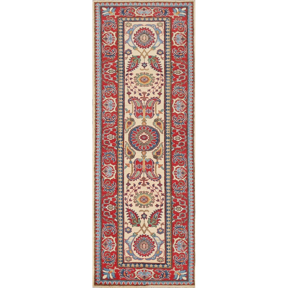 Beige Floral Kazak Oriental Runner Rug Hand-Knotted Wool Carpet - 2'9" x 10'0"