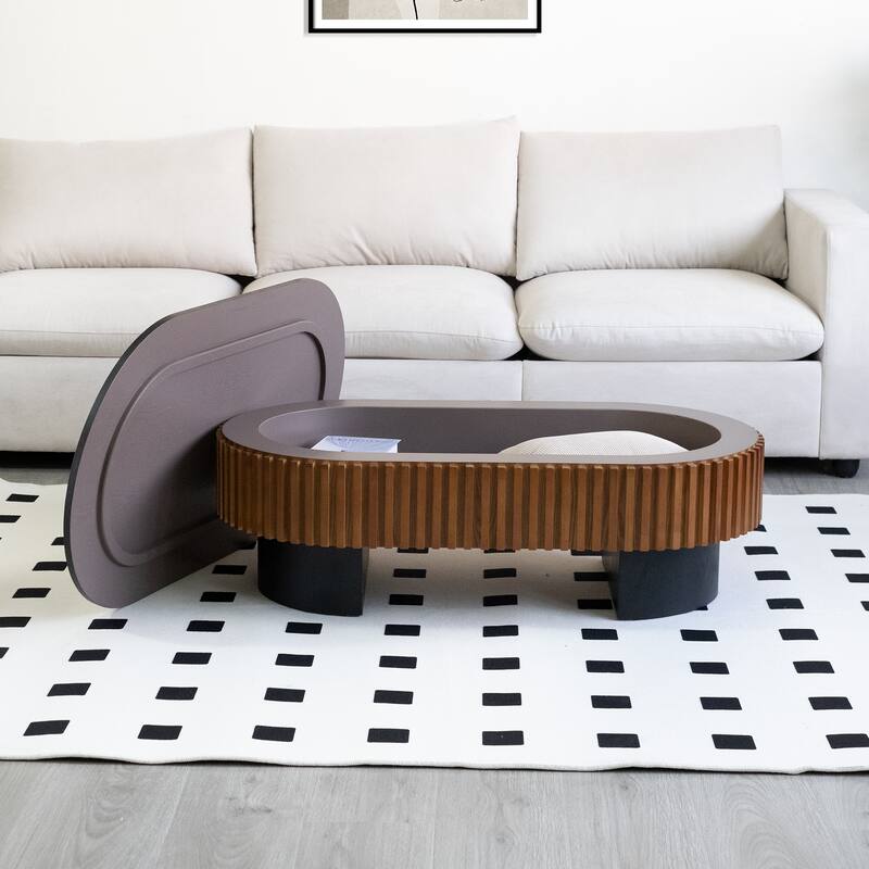 43.7" Black + Walnut Elliptical Coffee Table, Removable Top & Hidden Storage for Any Room