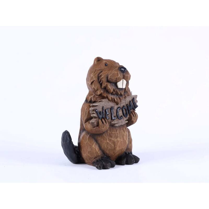 Beaver Holding A Welcome Sign Outdoor Garden Statue - 11.75" – Brown