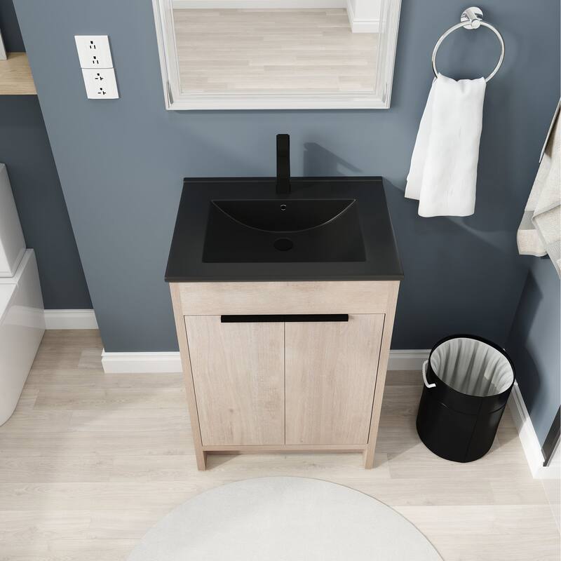 24 Inch Plywood Freestanding Bathroom Vanity With Adjustable Shelf and Black Integrated Ceramic Sink