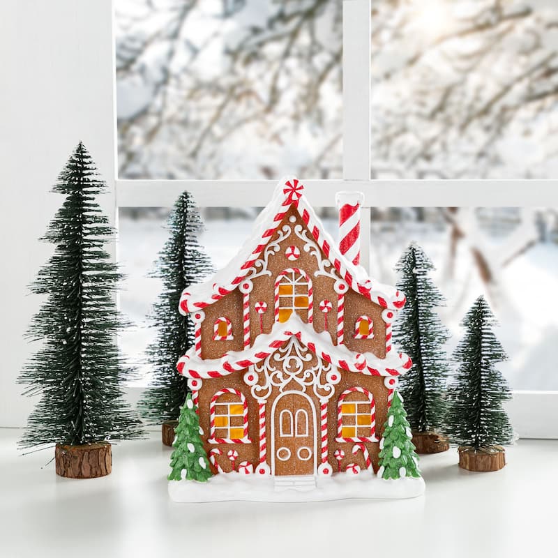 Glitzhome Lighted Christmas Gingerbread House Resin Village Xmas Table Decor Collectible Figurines