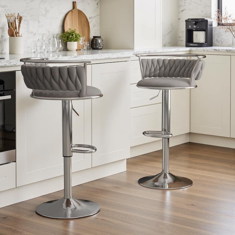 Set of 2 Velvet Adjustable Swivel Bar Stools - Silver/Grey