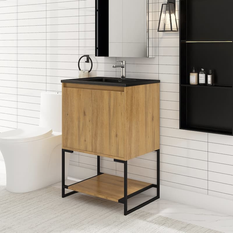 Freestanding Bathroom Vanity Set in Oak with Integrated Solid Surface Sink