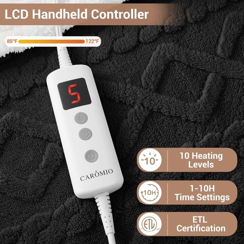 Tufted Sherpa Electric Blanket with 6 Heating Levels for Living Room, Bedroom, Black