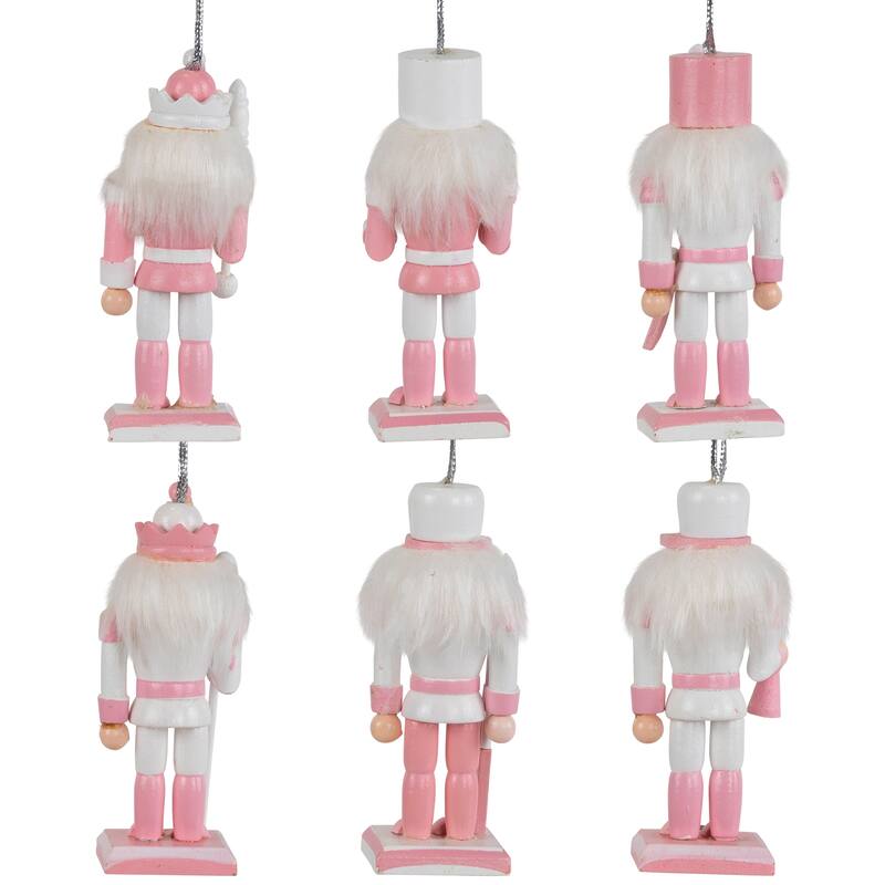 Nutcracker Soldier Christmas Ornaments - 3.25" - Pink and White - Set of 6